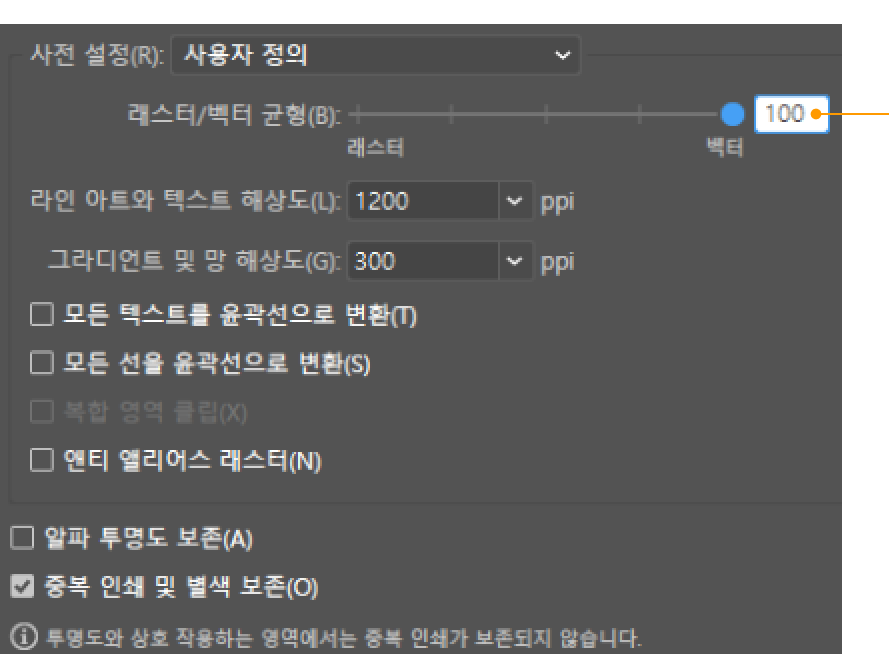 투명도 병합 대화상자 — 래스터/벡터 균형 100%