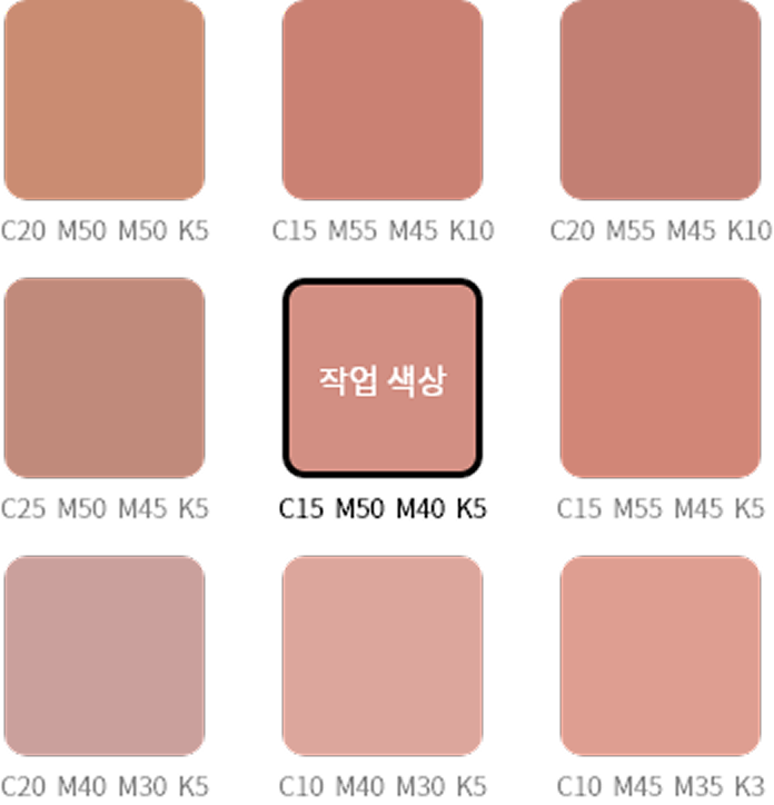붉은 계열 잉크 배합에 따른 색상 차이 — 작업 색상 C15 M50 M40 K5